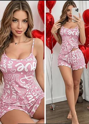 Эластичная и мягкая 💖 розовая пижама с принтом love 🎀 комплект майка и шорты ✨ домашний костюм размер xl