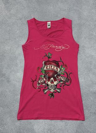 Жіноча майка ed hardy y2k рожевий топ зі стразами череп серце tattoo style xl
