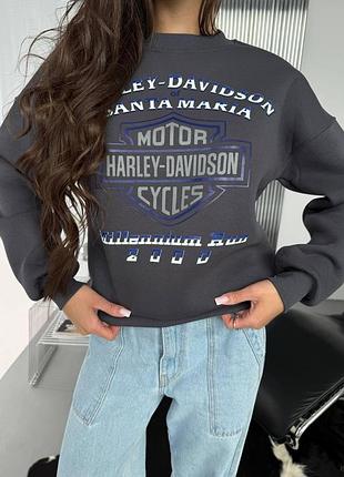 Женский стильный оверсайз свитшот в стиле harley-davidson турецкая трехнить графитовый