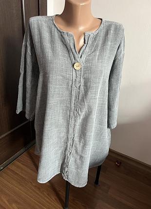 Жіноча блузка з котону і льону вільного крою. cerulean, l, xl