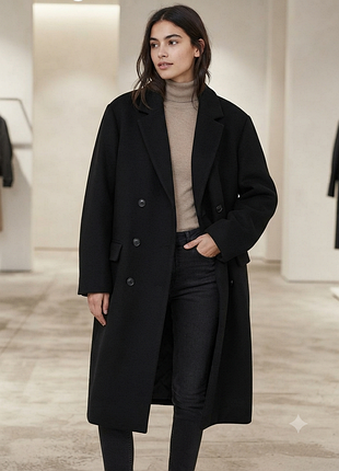 Шерстяное двубортное пальто h&m modern essentials, унисекс / оверсайз