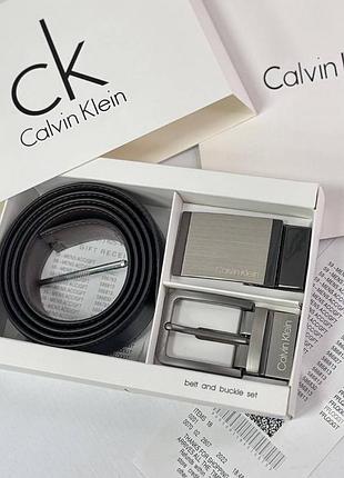 Чоловічий ремінь calvin klein чорний / коричневий з двома пряжками на подарунок