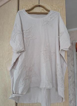 Бежевая футболка коттоновая хлопковая женская легкая свободная 50 52 xl 2xl xxl натуральная ткань летняя блуза