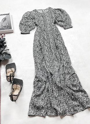 Платье женское макси длины primark монохромный, черно-белый цветочный принт, рукава фонарики, вискоза, s.
