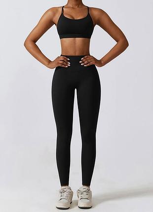 Спорт набір 2в1 s-xl: топік на тонких шлейках з чашечками та лосини пуш чорний 7441-9066 спортивний комплект топ та легінси костюм на тренування