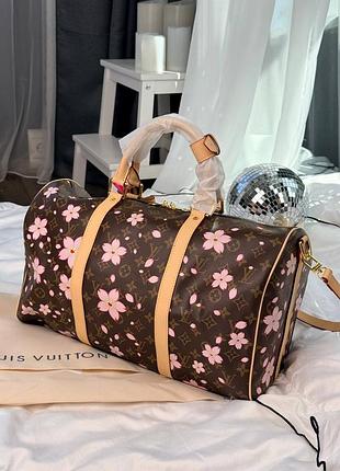 Большая вместительная дорожная сумка бренд louis keepall murakami с цветочным принтом кожа канвас