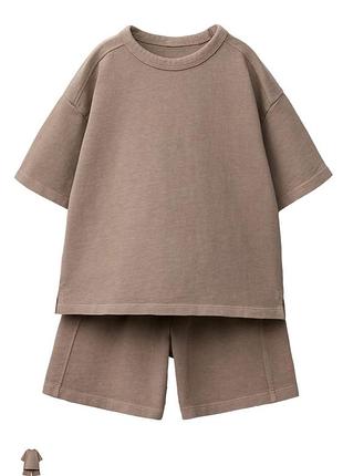 Літній коричневий костюм zara комплект коричнева оверсайз футболка шорти