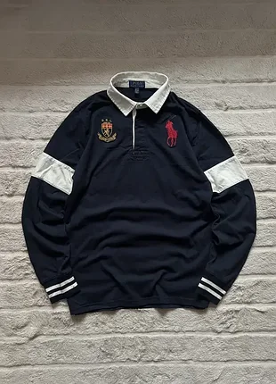 Polo ralph lauren (s) rugby shirt navy big logo регбойка поло мужская футболка лонг с воротничком