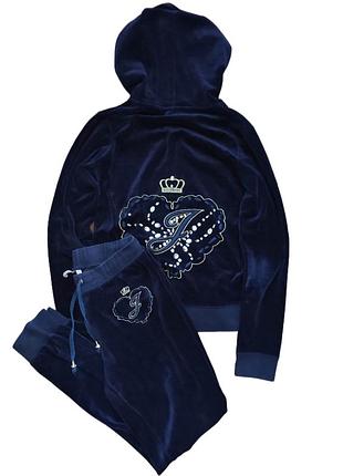 Велюровый спортивный костюм juicy couture style jacky luxury y2k со стразами синий бархатистый костюм штаны и зип худи с короной сердце xs s 34