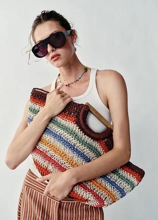 Сумка-корзина из 100% джута в полоску