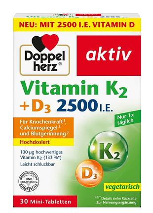 Doppelherz aktiv vitamin k2 + d3, содержащий 2500 мо витамина d3 и 100 мкг витамина k2