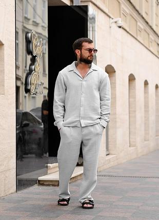 Костюм мужской муслиновый серый loro piana grey! костюм летняя рубашка+ брюки! костюм летный муслиновой рубашка и брюки loro piana! хлопок 100%!