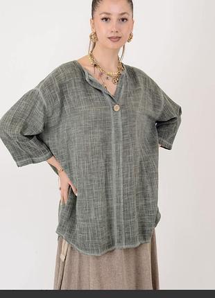 Жіноча блузка з котону і льону вільного крою. cerulean, l, xl