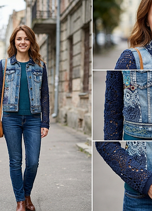 Джинсовая куртка desigual exotic jeans с кружевом и вышивкой (бохо) / размер 40 (m-l)