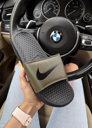 Мужские шлепанцы nike khaki black кожаные хаки с черным | тапочки найк зеленые кожа резина 40 41 42 45