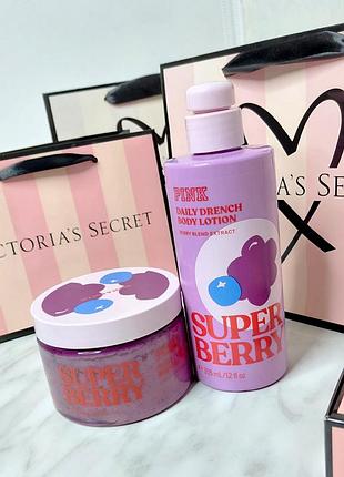 Набір / скраб + лосьйон для тіла «super berry». pink. victoria's secret. оригінал 🇺🇸