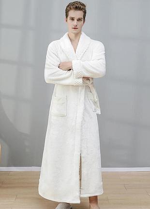 Універсальний теплий халат вільного крою для чоловіків і жінок, теплий махровий довгий халат із коміром, плюшевий халат на запах білий, xl