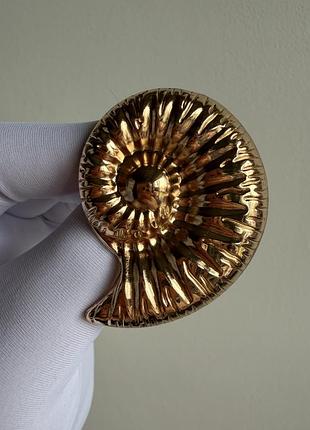Металева брошка мушля «золота раковина амоніта» – вінтажна брошка у формі викопної мушлі