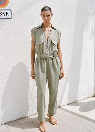 Zara linen blend long jumpsuit зара зелений хакі шавлія комбінезон льон комбинезон лен