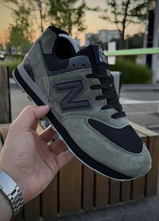 Кроссовки new balance 574, хаки/черные (летние, сеточка)