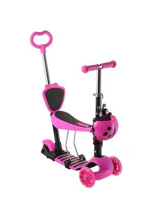 Трехколесный детский самокат 5 в 1 с родительской ручкой и сиденьем scooter | самокат трансформер 18-1 для детей со светящимися