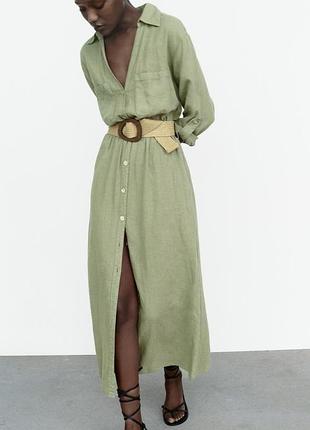 Оливкова довга сукня зі змішаного льону від zara