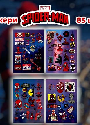 Стікери людина павук 85 шт 4 листи 10,5*15 см, наклейки spider man marvel