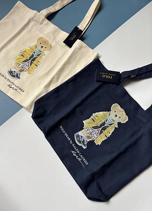 Сумка жіноча polo ralph lauren шопер бежева темно-синя з ведмедиком бавовна знижка акція