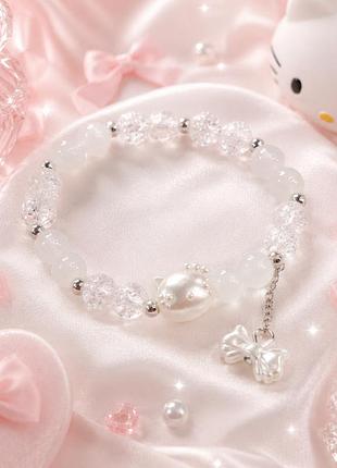 Браслет hello kitty білий з намистинами 8 мм на резинці