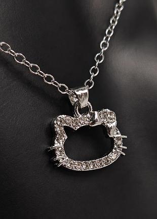 Кулон hello kitty на ланцюжку 45 см сріблястий з рожевими стразами