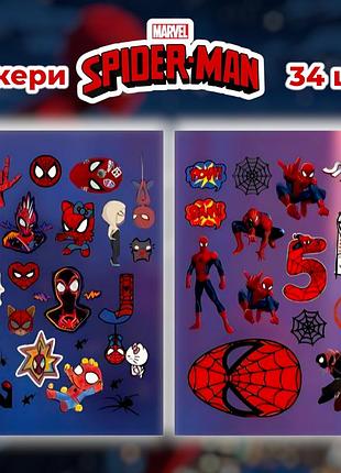 Стікери людина павук 34 шт 2 листи 10,5*15 см, наклейки spider man marvel