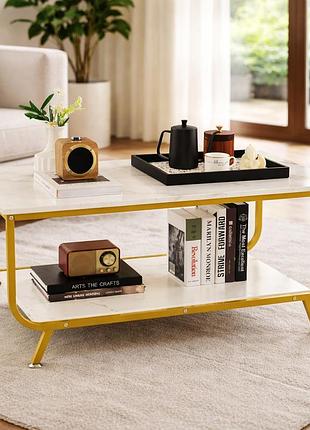 Журнальний стіл costway marble двоярусний мармурова стільниця металевий каркас білий 105×55×46 см