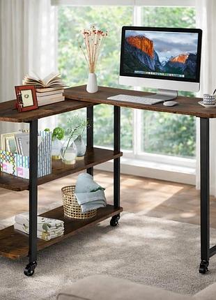 Стол l-образный costway king вращающийся в стиле loft коричневый трансформируется на 360° с полками и колесами