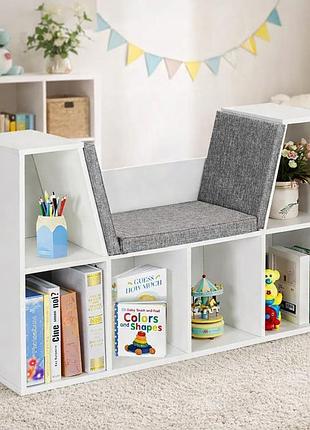 Шафа-органайзер costway kinder з подушкою для сидіння дитяча книжкова шафа з 6 осередками м’яке сидіння для читання біла до 110кг