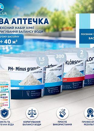 Комплексный набор химии «аква аптечка» inpool 80513 для корректировки баланса воды к объему бассейна 27 ÷ 40 м3 (ph+ 300г, ph- 1,5
