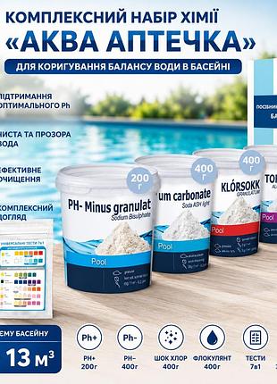 Комплексный набор химии для бассейна inpool «аква аптечка» для корректировки баланса воды до объема бассейна 5 ÷ 13м3 (ph+ 200г, p