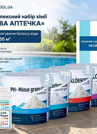 Комплексний набір хімії «аква аптечка» inpool 80514 для коригування балансу води до обсягу басейну 40 ÷ 55 м³ (ph+ 700г, ph- 3