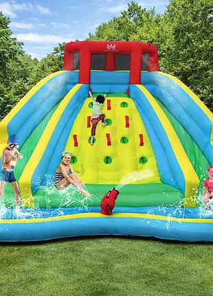 Надувна водна гірка costway summer двостороння зі стійкою скелелазіння 2 вигнуті гірки басейн водяні ігри 452×366×234см