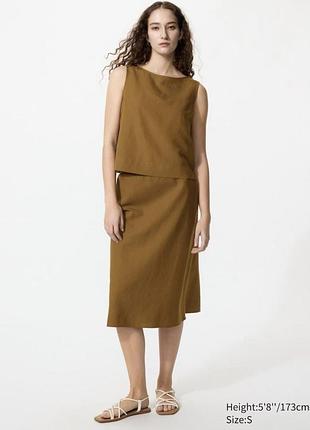 Спідниця uniqlo коричнева linen blend narrow midi skirt