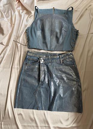 Ексклюзивний джинсовий костюм upcycle з zara (топ + спідниця), розмір s-m