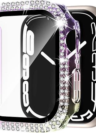 Захисний чохол зі склом для смарт годинника apple watch 44mm - 4, 5, 6, se. прозорий, переливається кольорами, зі стразами
