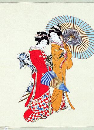 Японська хустка фурошікі / панно chirimen (гейші, ukiyo-e)