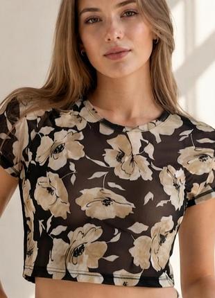 Напівпрозора легка сітка 🌸 made in italy 🖤 укорочена футболка кроп-топ ✨ квітковий принт літня
