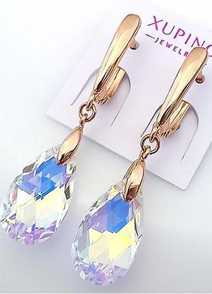 Сережки підвіски з кристалами swarovski, медзолото xp 18k. 3,8 см.
