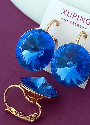 Сережки з синіми кристалами swarovski. xuping jewelry 18k.2 см.