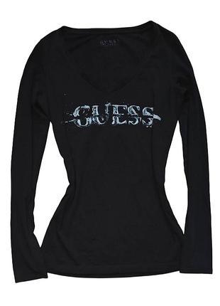 Чорний лонгслів guess los angeles з логотипом та стразами лонгслів з v вирізом гесс оригінал пригнаний принт кофта y2k biker grunge m 38