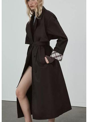 Довгий вощений тренч у клітинку s/m/l | темно-коричневий zara