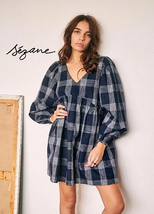 Sezane платье мини миди хлопок лен в клетку льняное babydoll размер м 40 оригинал