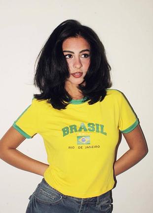 Майка футболка бразил желтая кофточка brazil зеленая блузка кроп укороченая принт надпись текст