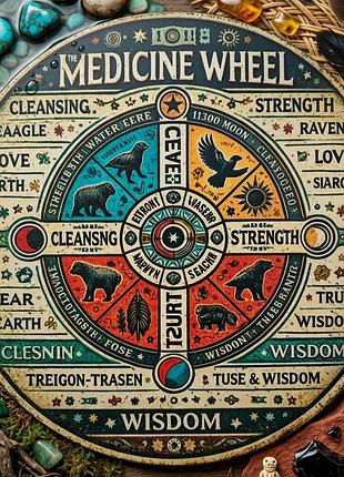 Металлическая винтажная табличка «колесо медицины / medicine wheel» круглая, 20х20 см